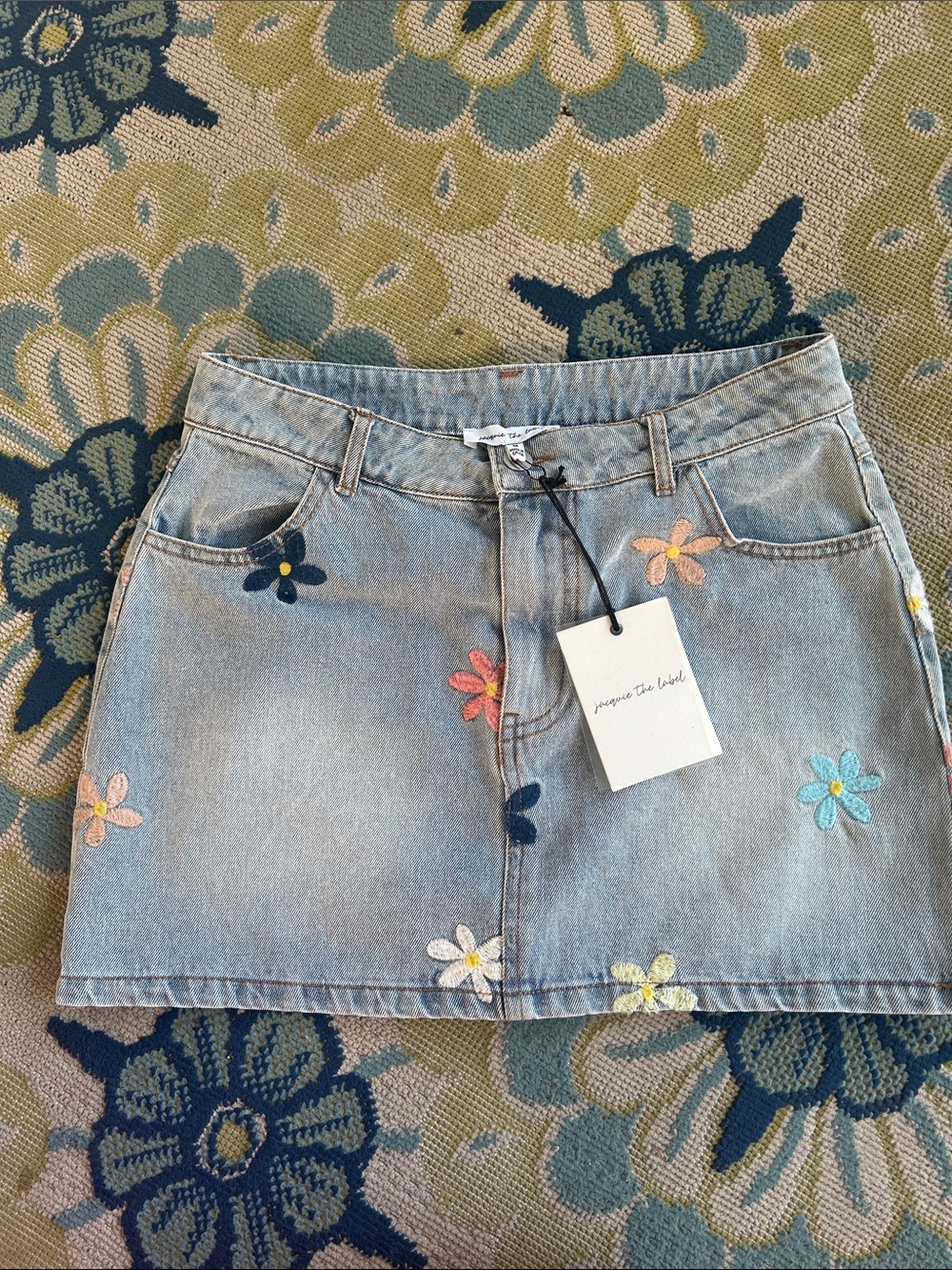 Papermoon Light Wash Denim Mini Skirt with Multicolor Floral Embroidery